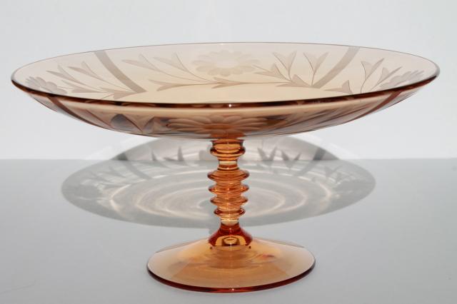 photo of elegant vintage amber pink glass compote, wheel cut glass bowl w/ stacked wafer spindle stem  #1