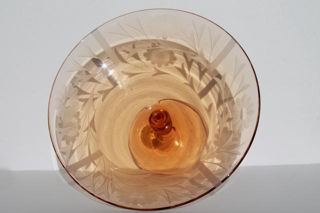 photo of elegant vintage amber pink glass compote, wheel cut glass bowl w/ stacked wafer spindle stem  #2