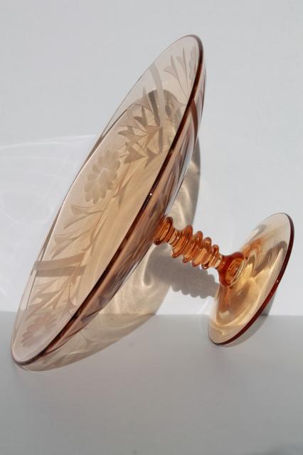 photo of elegant vintage amber pink glass compote, wheel cut glass bowl w/ stacked wafer spindle stem  #3