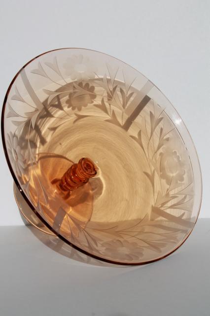 photo of elegant vintage amber pink glass compote, wheel cut glass bowl w/ stacked wafer spindle stem  #4