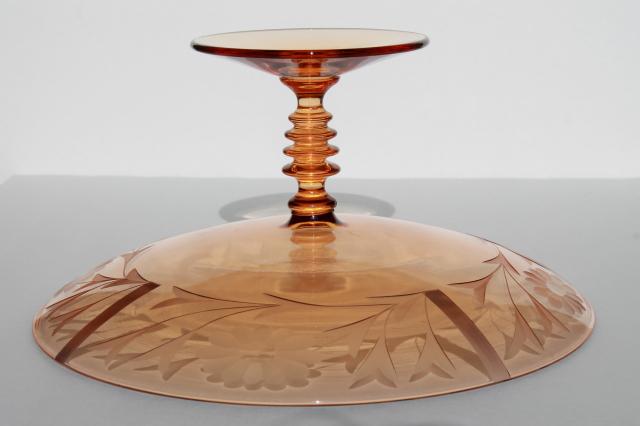 photo of elegant vintage amber pink glass compote, wheel cut glass bowl w/ stacked wafer spindle stem  #5