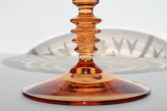 photo of elegant vintage amber pink glass compote, wheel cut glass bowl w/ stacked wafer spindle stem  #6