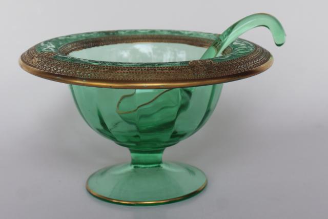 photo of elegant vintage gold decorated green depression glass footed mayonnaise bowl & spoon #1