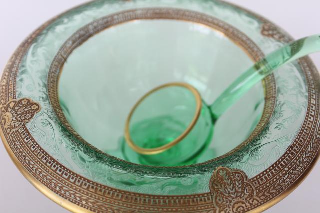 photo of elegant vintage gold decorated green depression glass footed mayonnaise bowl & spoon #2