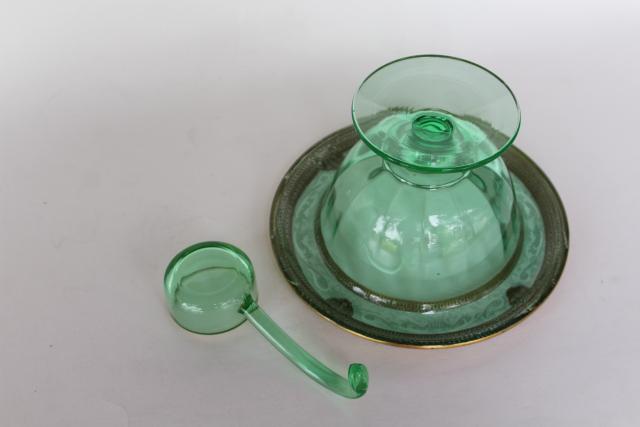 photo of elegant vintage gold decorated green depression glass footed mayonnaise bowl & spoon #5
