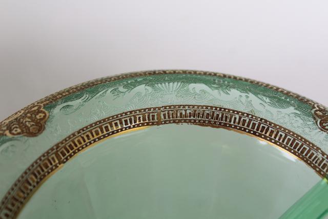 photo of elegant vintage gold decorated green depression glass footed mayonnaise bowl & spoon #6