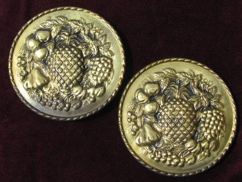 photo of embossed brass chargers, wall pocket plates w/ fruit pattern, vintage England #1