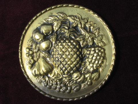 photo of embossed brass chargers, wall pocket plates w/ fruit pattern, vintage England #2