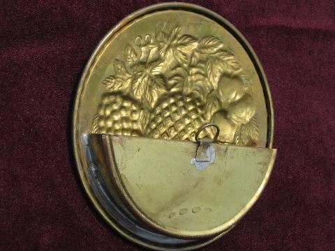 photo of embossed brass chargers, wall pocket plates w/ fruit pattern, vintage England #3