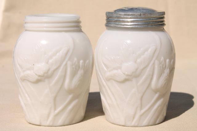 photo of embossed flowers tulip pattern milk glass shakers or spice jars, vintage S&P set #1