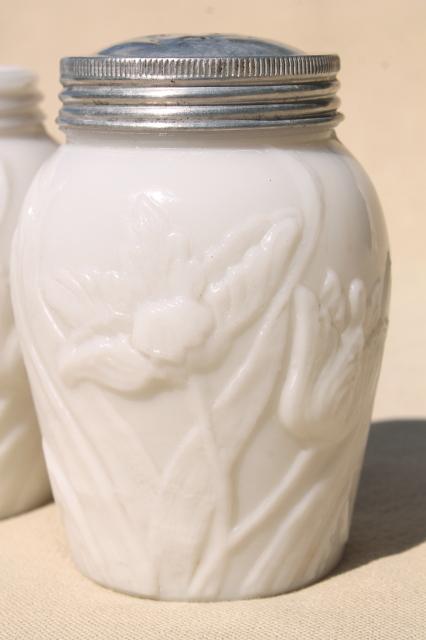 photo of embossed flowers tulip pattern milk glass shakers or spice jars, vintage S&P set #2