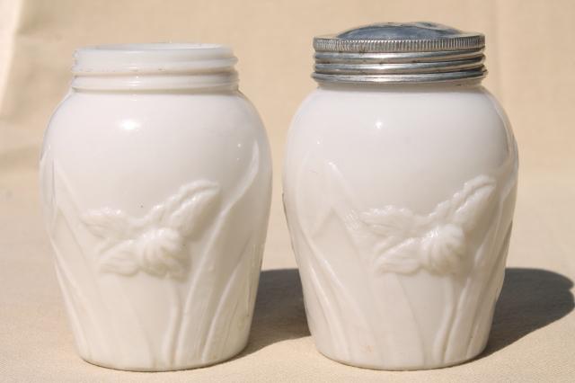 photo of embossed flowers tulip pattern milk glass shakers or spice jars, vintage S&P set #3