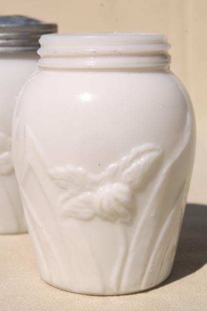 photo of embossed flowers tulip pattern milk glass shakers or spice jars, vintage S&P set #4