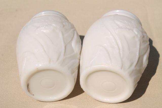 photo of embossed flowers tulip pattern milk glass shakers or spice jars, vintage S&P set #6