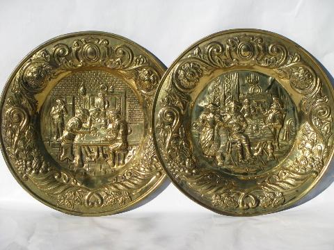 photo of embossed solid brass chargers, large plates or trays, Old England scenes #1