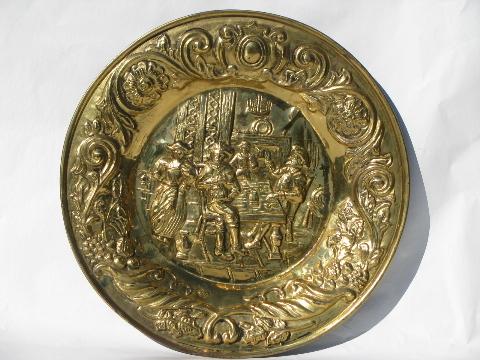 photo of embossed solid brass chargers, large plates or trays, Old England scenes #2