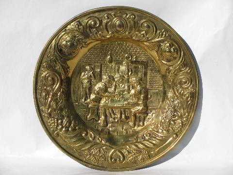 photo of embossed solid brass chargers, large plates or trays, Old England scenes #3