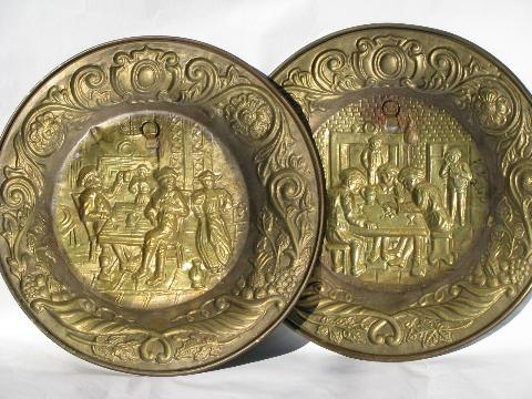 photo of embossed solid brass chargers, large plates or trays, Old England scenes #4