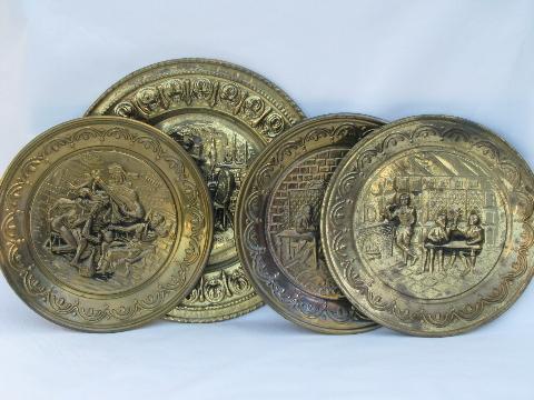 photo of embossed solid brass chargers, large plates or trays, Old England scenes #1