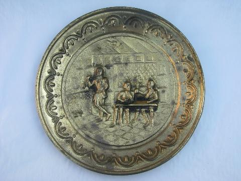 photo of embossed solid brass chargers, large plates or trays, Old England scenes #2