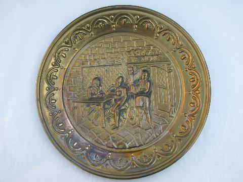 photo of embossed solid brass chargers, large plates or trays, Old England scenes #3