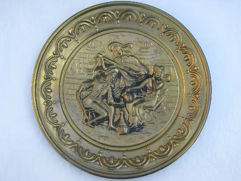 photo of embossed solid brass chargers, large plates or trays, Old England scenes #4