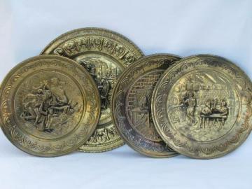 catalog photo of embossed solid brass chargers, large plates or trays, Old England scenes