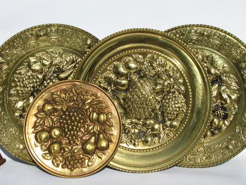 photo of embossed solid brass chargers, large plates or trays, fruit pattern, vintage England #1