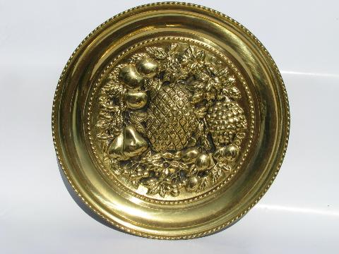 photo of embossed solid brass chargers, large plates or trays, fruit pattern, vintage England #4