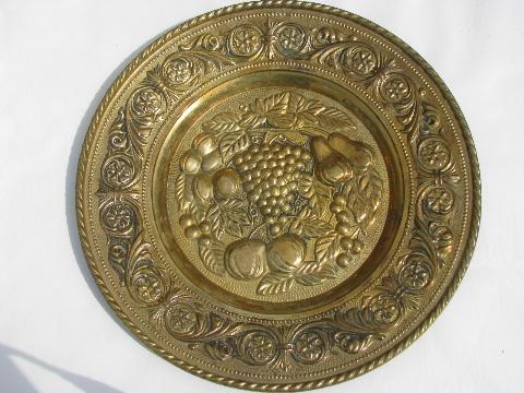 photo of embossed solid brass chargers, large plates or trays, fruit patterns #2