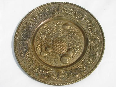 photo of embossed solid brass chargers, large plates or trays, fruit patterns #3