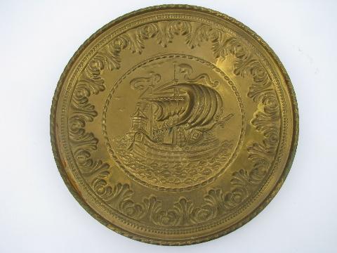 photo of embossed solid brass chargers, large plates or trays, ships pattern, vintage England #2