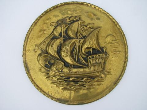 photo of embossed solid brass chargers, large plates or trays, ships pattern, vintage England #3