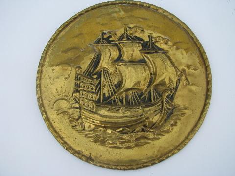 photo of embossed solid brass chargers, large plates or trays, ships pattern, vintage England #4