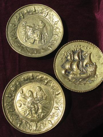 photo of embossed solid brass chargers, old England scenes wall pocket plates #1