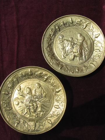 photo of embossed solid brass chargers, old England scenes wall pocket plates #2