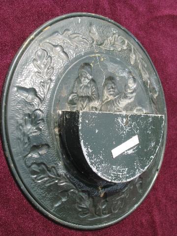 photo of embossed solid brass chargers, old England scenes wall pocket plates #5