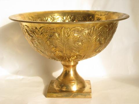 photo of embossed wrought solid brass compote dish pedestal bowl, vintage India #1