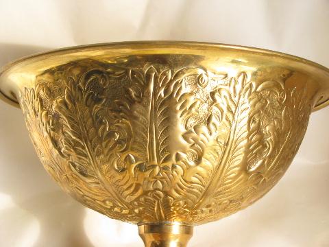 photo of embossed wrought solid brass compote dish pedestal bowl, vintage India #3