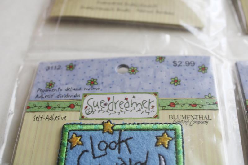 photo of embroidered applique patches, Sue Dreamer sticker back patches sing, dance, laugh #5