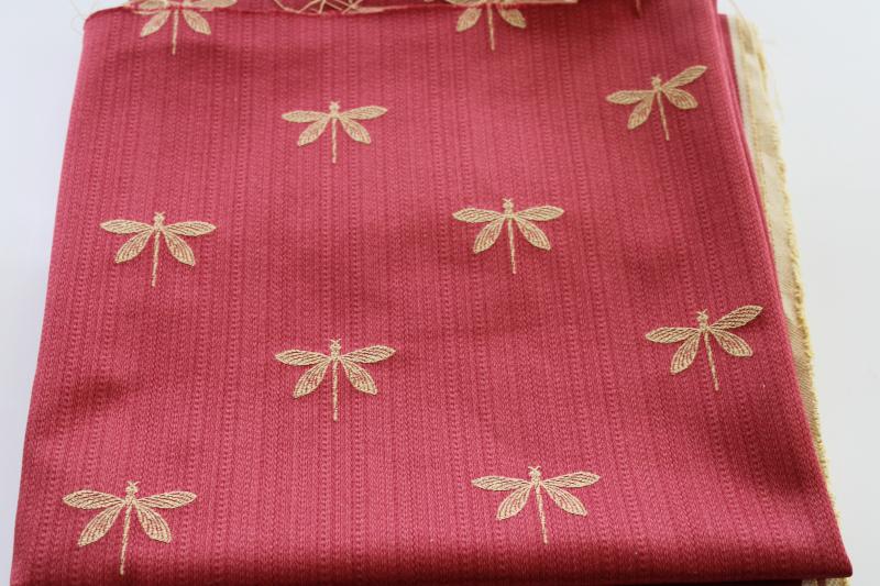 photo of embroidered dragonflies home decor fabric, pale gold insects on rose red sateen #1