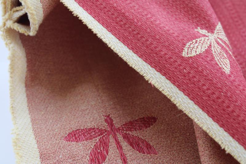 photo of embroidered dragonflies home decor fabric, pale gold insects on rose red sateen #2