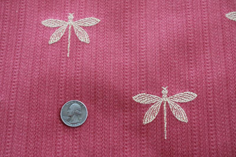 photo of embroidered dragonflies home decor fabric, pale gold insects on rose red sateen #4