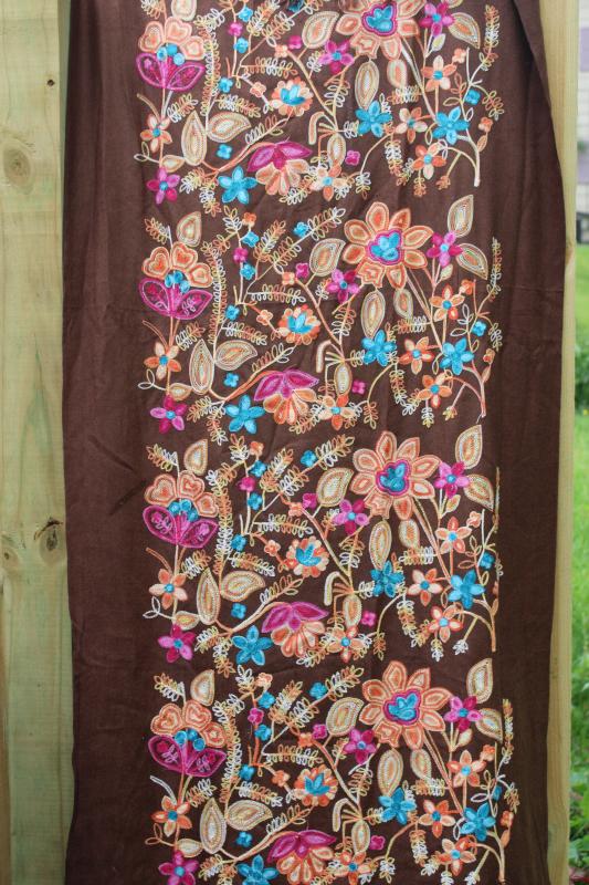 photo of embroidered paisley floral shawl or scarf, long table runner vintage bohemian style #1