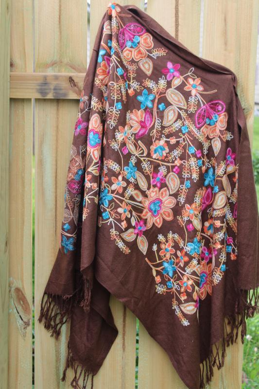 photo of embroidered paisley floral shawl or scarf, long table runner vintage bohemian style #2