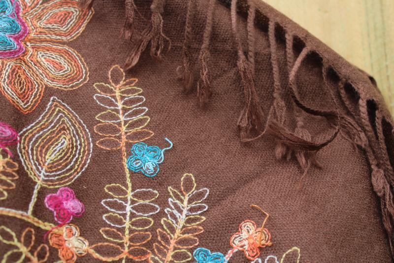 photo of embroidered paisley floral shawl or scarf, long table runner vintage bohemian style #4