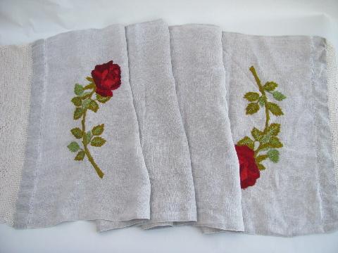 photo of embroidered red roses / lace, antique vintage linen table runner, mantle scarf #1