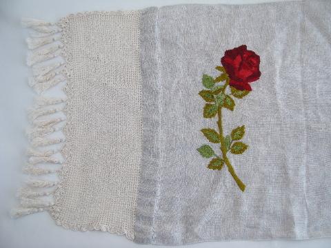 photo of embroidered red roses / lace, antique vintage linen table runner, mantle scarf #2