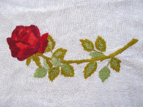 photo of embroidered red roses / lace, antique vintage linen table runner, mantle scarf #3