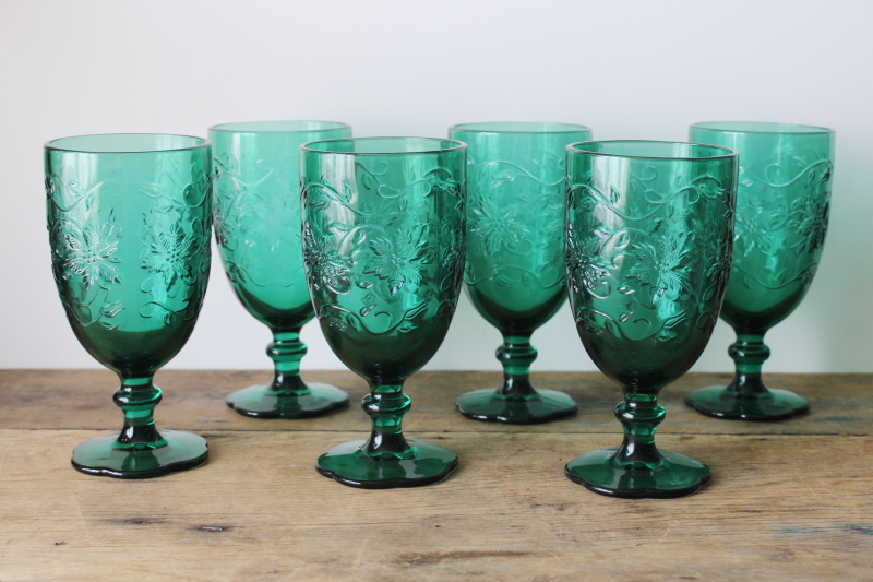 photo of emerald green Fantasia water goblets or iced tea glasses set of six, never used vintage Princess House  #1